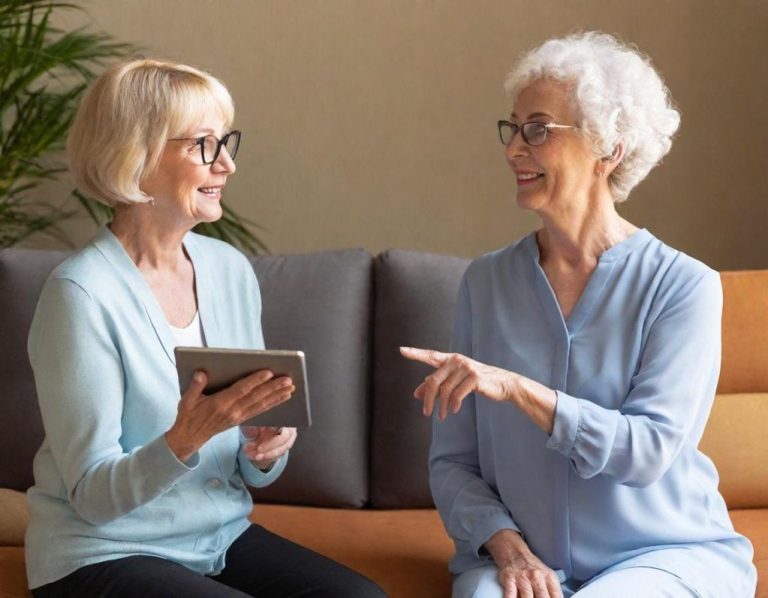 Zwei ältere Frauen unterhalten sich lachend, eine zeigt auf ein Tablet. Besprechung des Ablaufes beim Einzeltraining Gedächtnistraining