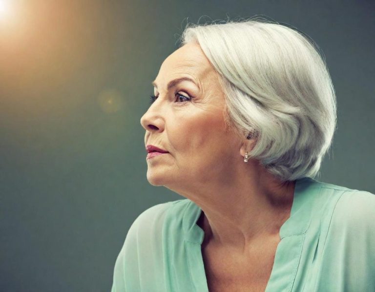 Ältere Frau mit kurzem grauem Haar, sanfter Lichtschein im Hintergrund. Ist beim Gedächtnistraining konzentriert dabei