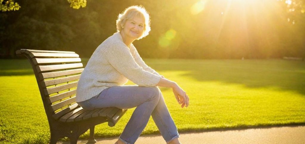 Lächelnde ältere Frau sitzt auf einer Bank in einem sonnigen Park.