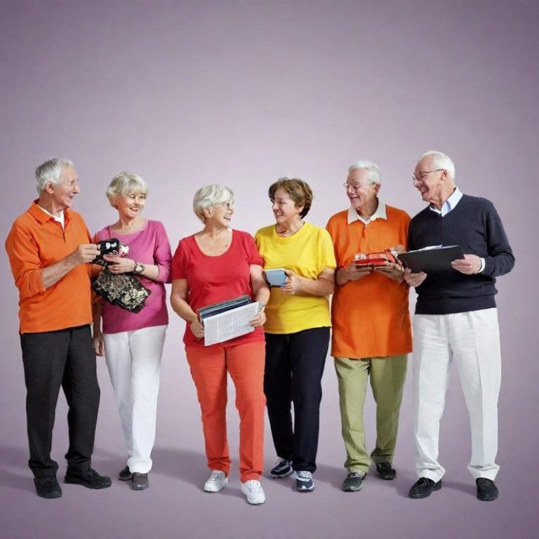 Seniorengruppe aktiv Fit beim Gedächtnistraining Seniorengruppe stehend, fröhlich beim Gedächnistraining
